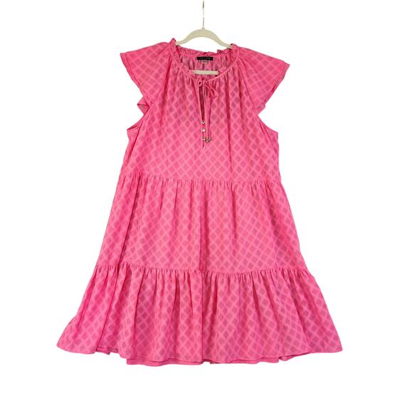 Tommy Hilfiger Womens Trellis Tiered‎ Ruffle Tie Neck Dress Plus Size 16 Pink - Picture 2 of 10